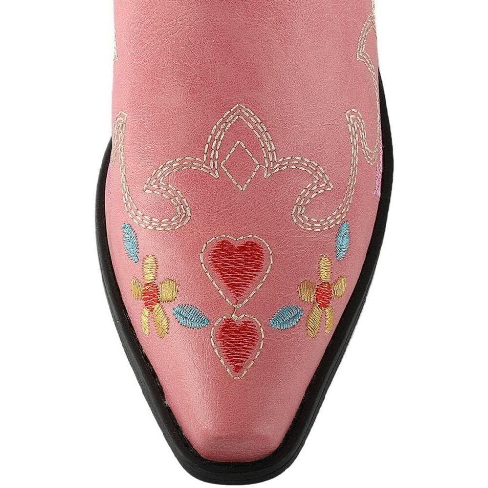 Women's Pink Floral Embroidered Cowgirl Boots Chunky Low Heels Pull On Shoes - Picture 2 of 4